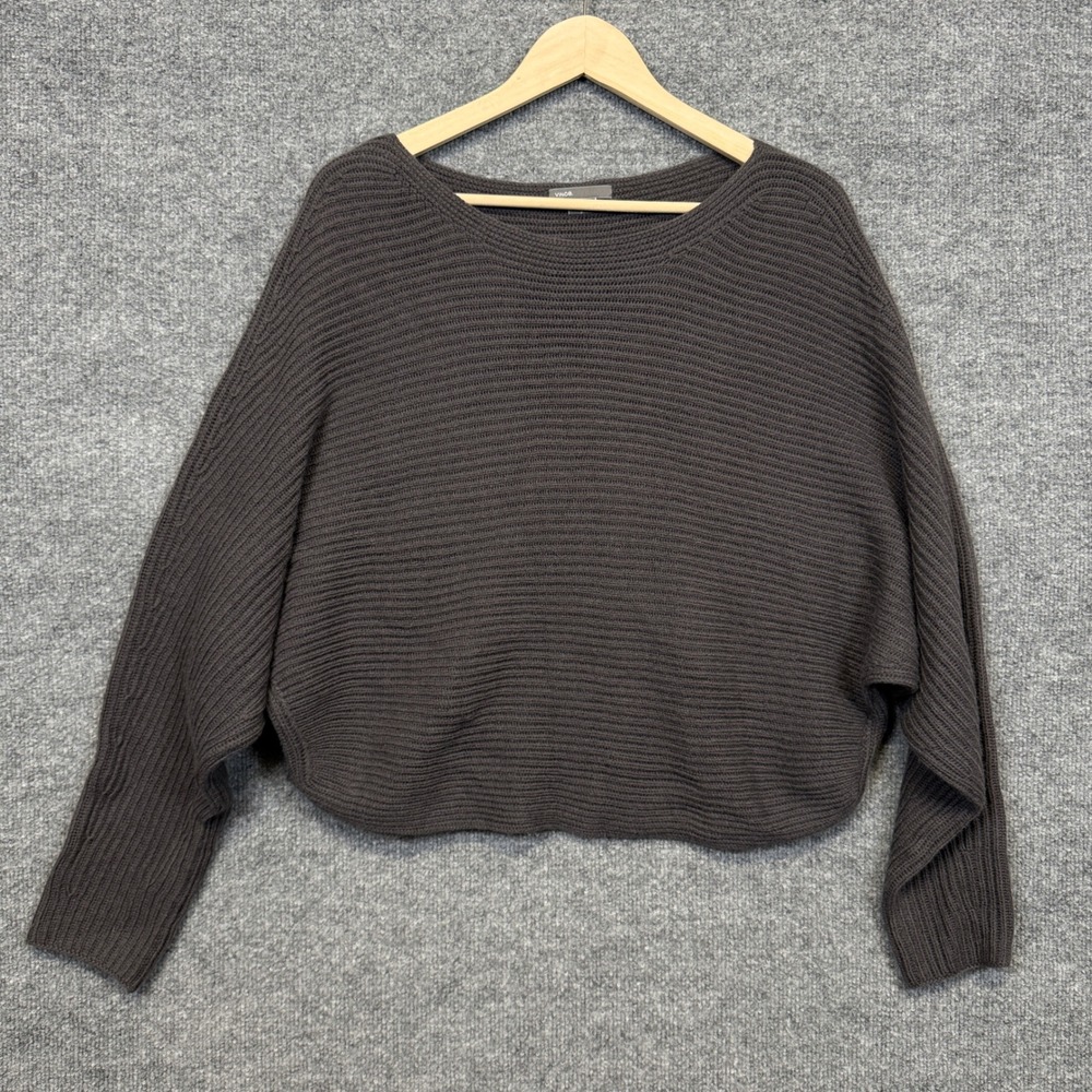 Vince Womens Sz Medium Sweater Black Wool Cashmere Ribbed Knit Boxy Quiet Luxury